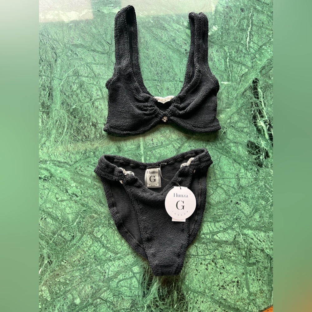 NWT Hunza G Crinkle Heather Bikini Black with Embelished Heart One Size